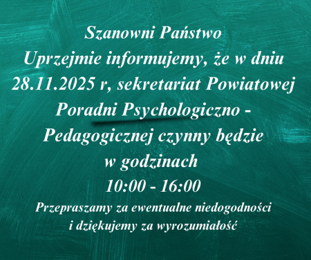 Godziny pracy sekretariatu w dniu 28.11.2025